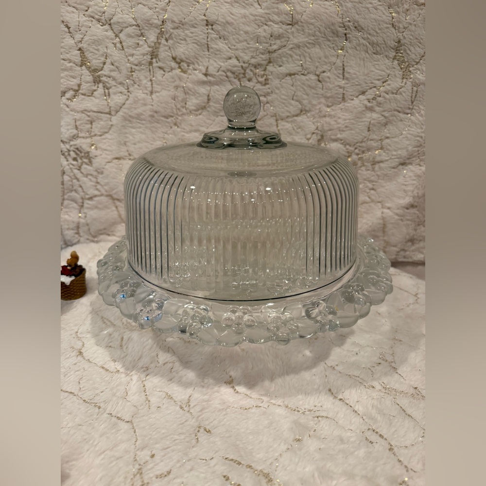 vintage Anchor Hocking Monaco glass cake stand with a ribbed dome heavy